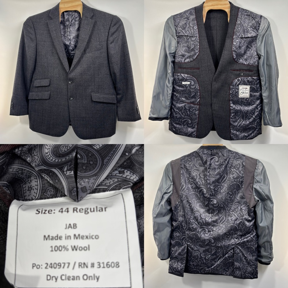 Jos A Bank 44R Wool Windowpane Sport Coat Dark Gray Paisley Lined Blazer